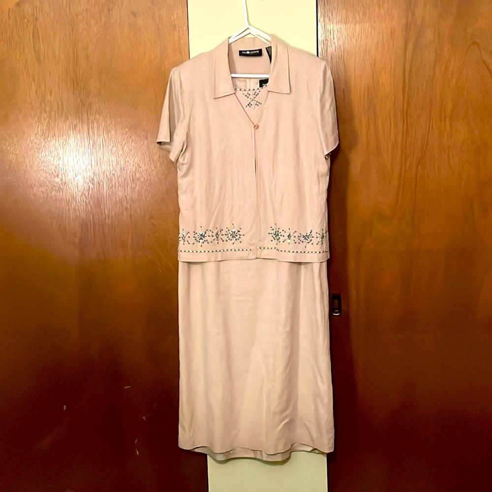 Lightweight tan summer dress with jacket. Beautiful beading.